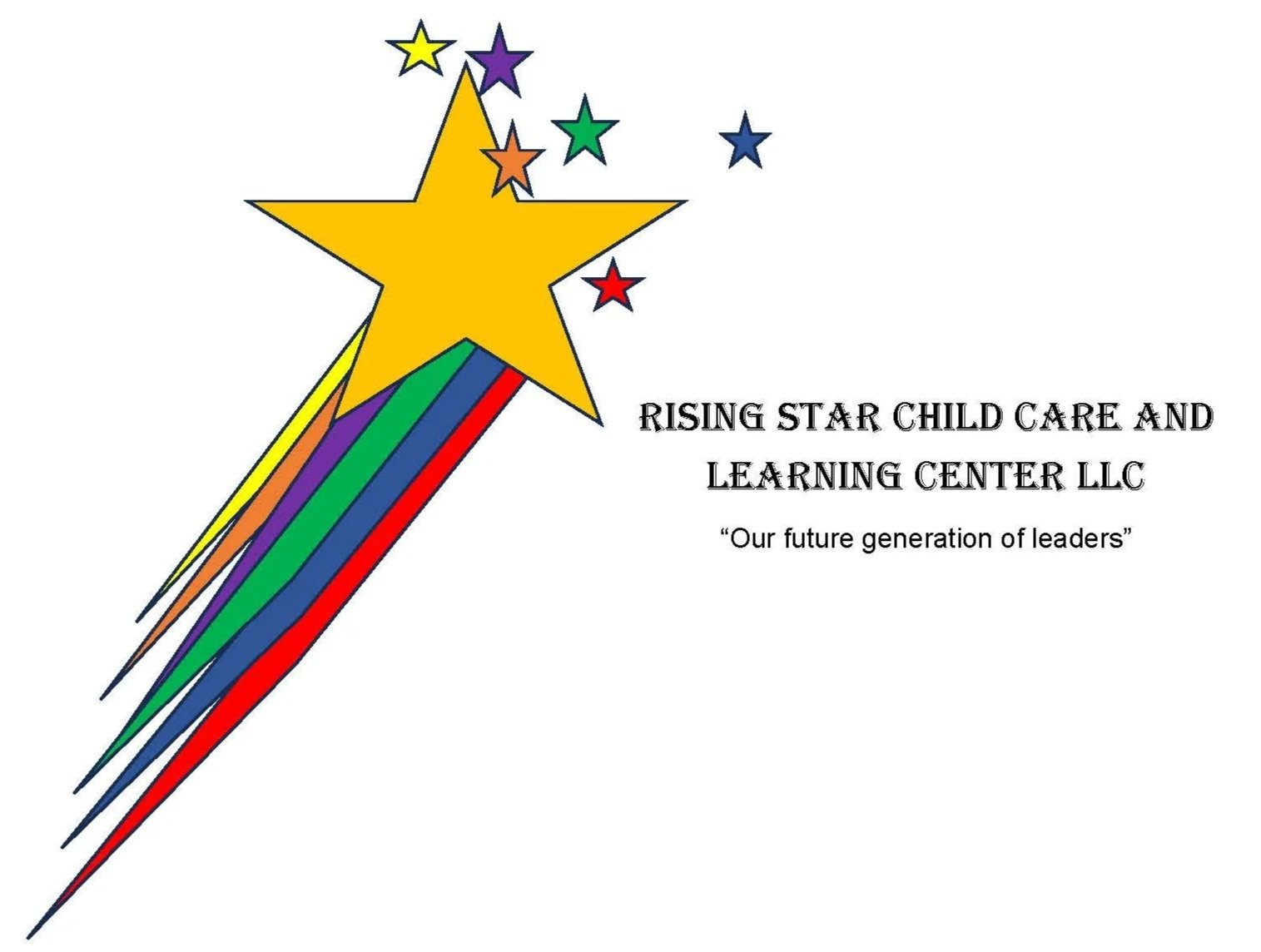 Logo for Rising Star Child Care and Learning Center LLC featuring a large yellow star with rainbow-colored streaks and smaller stars in yellow, purple, green, red, and blue around it. Text includes the center's name and the slogan "Our future generation of leaders."
