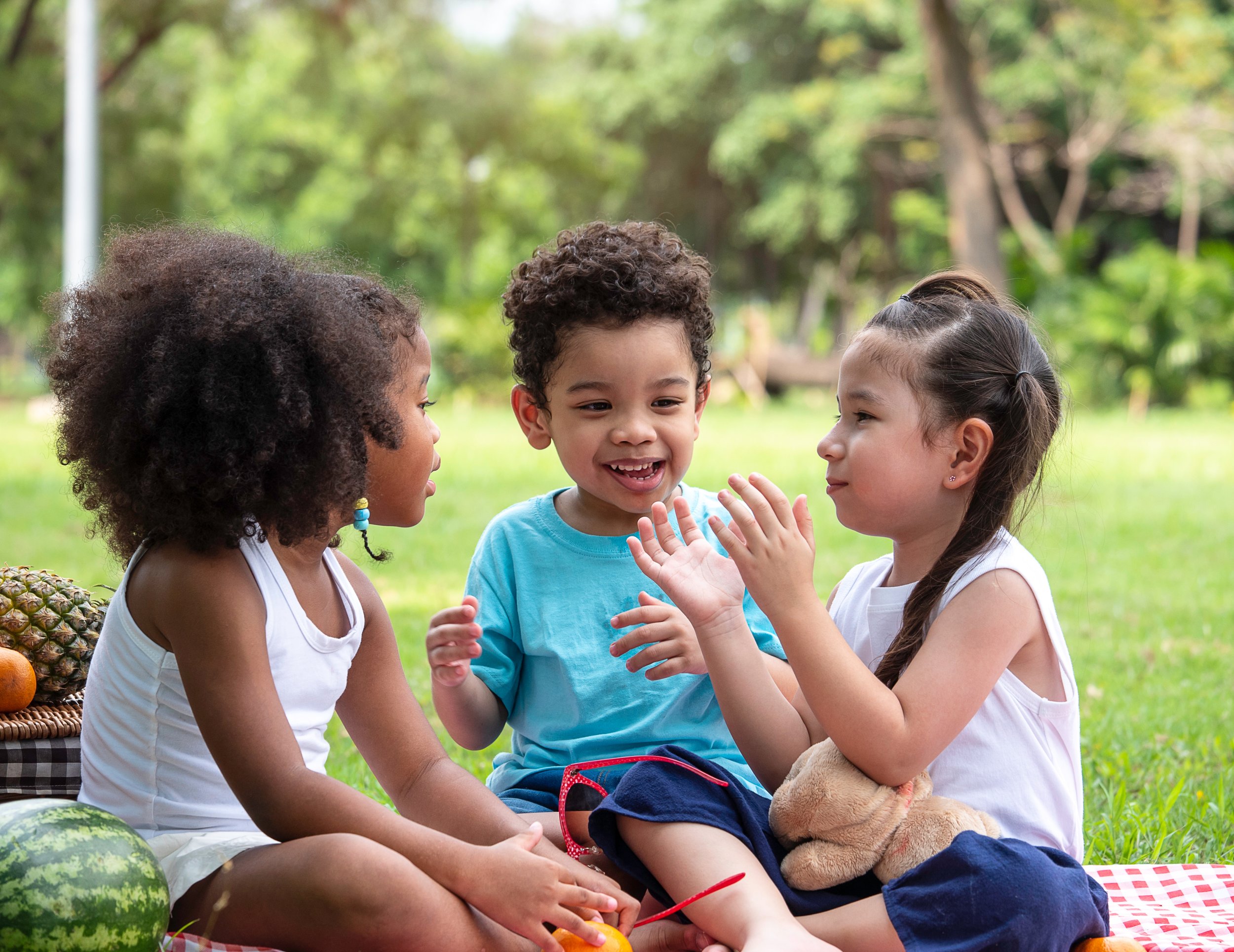 Four children sitting outdoors on a picnic blanket, engaging in conversation with a park and trees in the background.