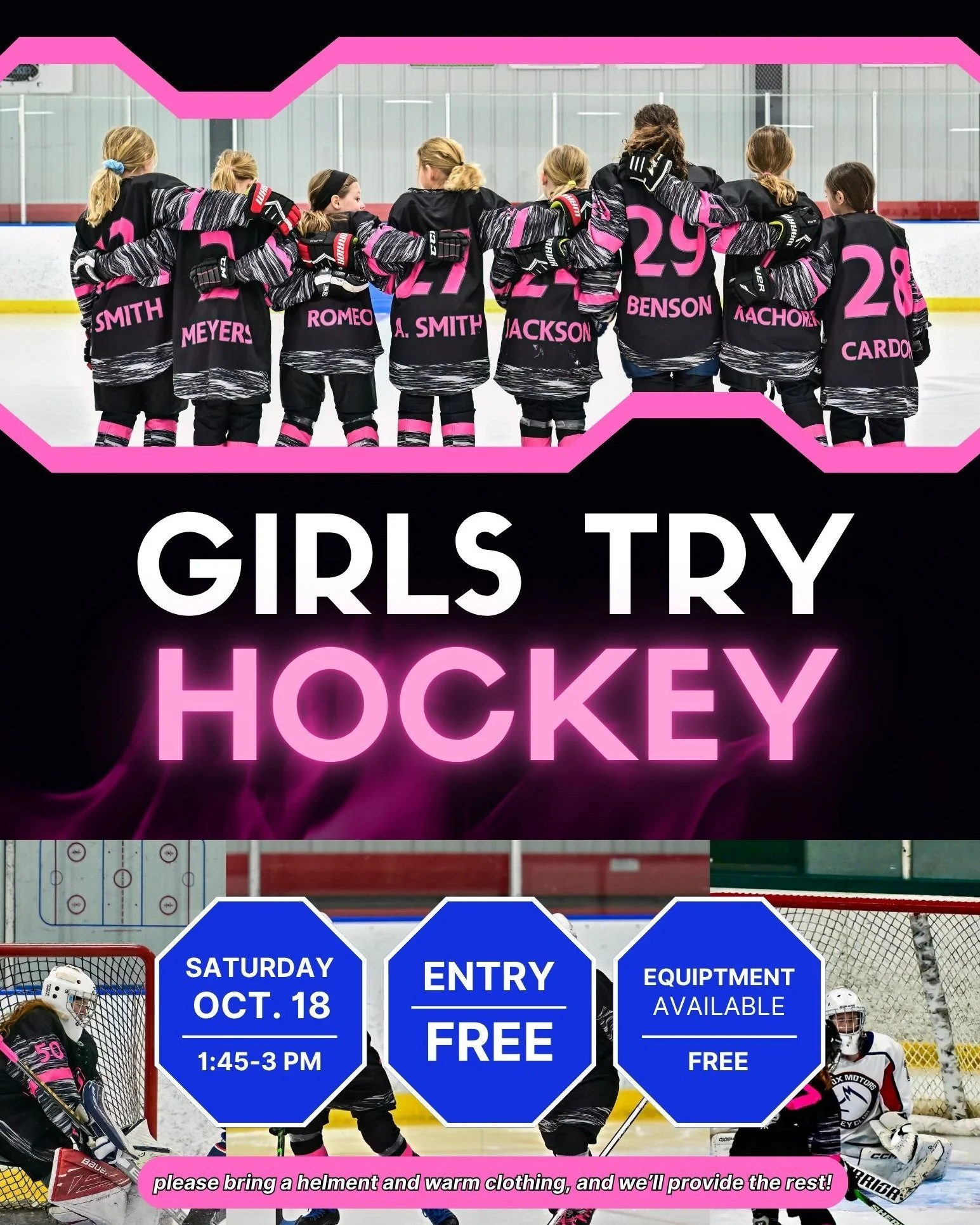 🎉 Happy Girls Try Hockey for FREE Day! 🎉

It&rsquo;s happening TODAY at The Garden Ice Arena! 💖
📅 Saturday, October 18
🕐 1:45&ndash;3:00 PM

Girls ages 4&ndash;9 &mdash; this is your chance to hit the ice, make new friends, and experience the ex