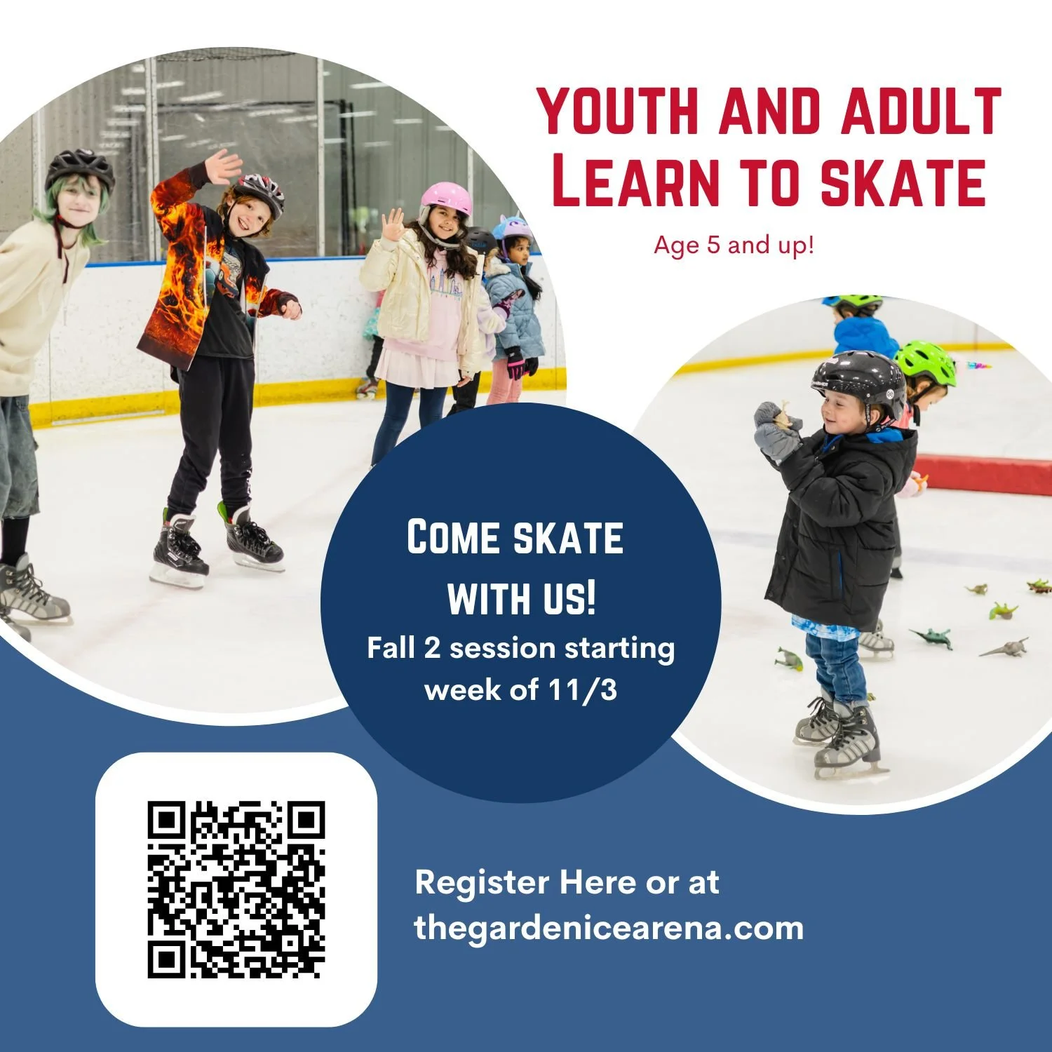 Cooler temps mean it&rsquo;s time to get back on the ice &mdash; try ice skating for the first time or keep advancing your skills!

🌟 Youth &amp; Adult Learn to Skate

Mondays (6 weeks, starting Nov. 3)
⏰ 6:15&ndash;7:15PM &mdash; Low Level LTS ($14