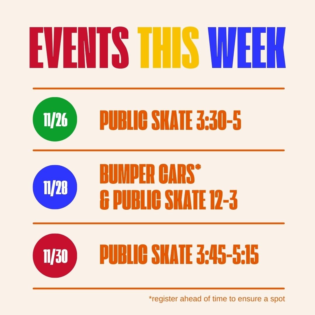 We've got a lot of fun public events coming up this week 🍂 Come join us for:
Public skate this Wednesday from 3:30-5
Bumper cars and public skate on Friday from 12to 3
and finally public skate on Sunday from 3:45-5:15!
See you there!

 #publicskate 