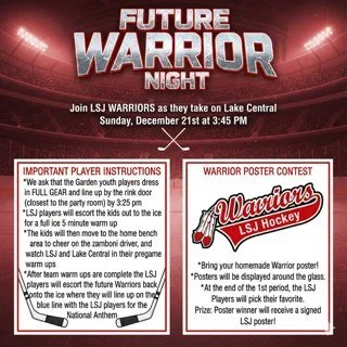 Don't miss the annual Future Warriors game this Sunday at 3:45 pm! 

#LSJWarriors #FutureLSJWarriors #hockey #hockeygame #thegardenicearena