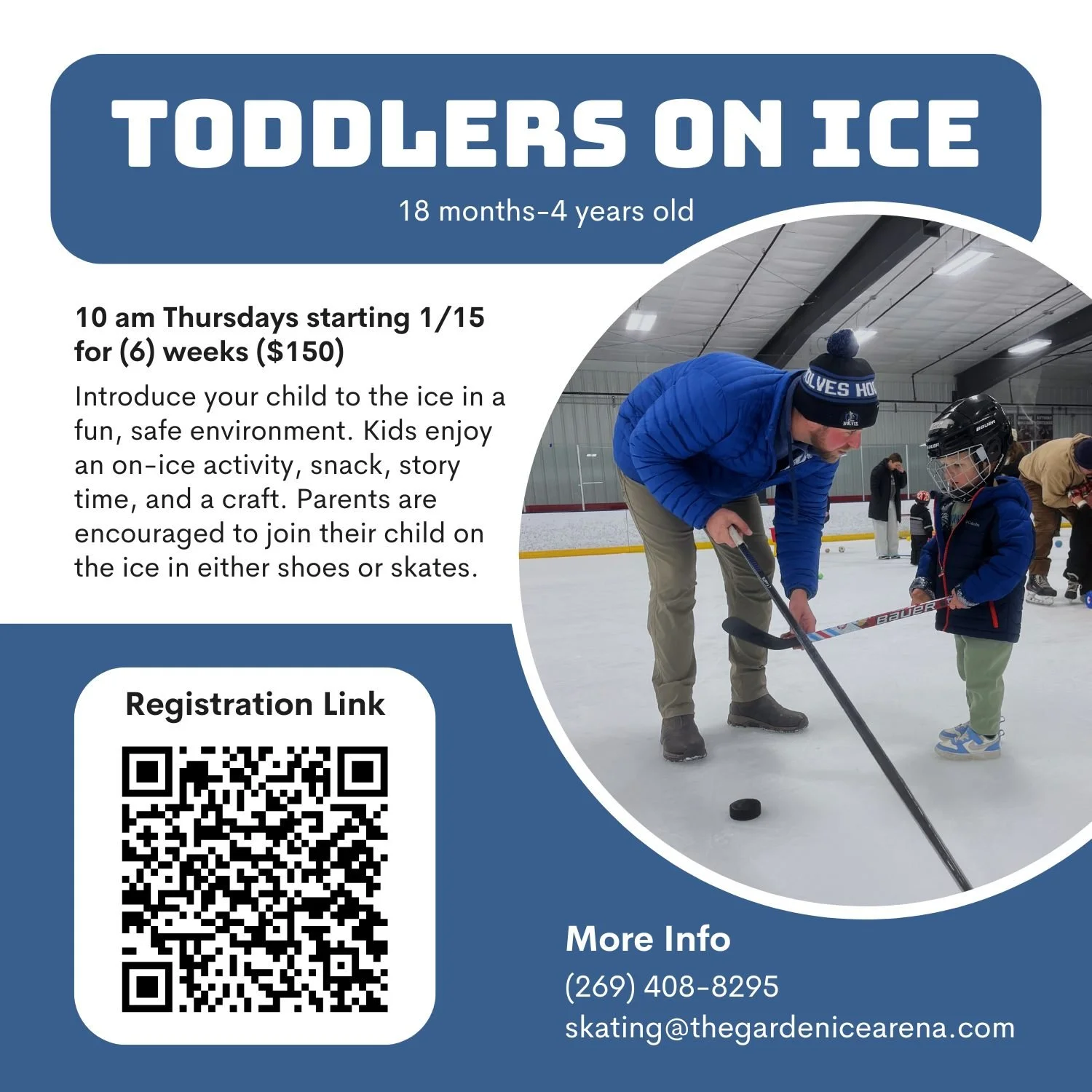 Looking for some winter activities?
Toddlers on Ice introduces kids to the ice in a fun, low pressure environment where they can hold onto their parents' hands for a bit longer. We have some play time, some learning, and a snack, story, and craft to 