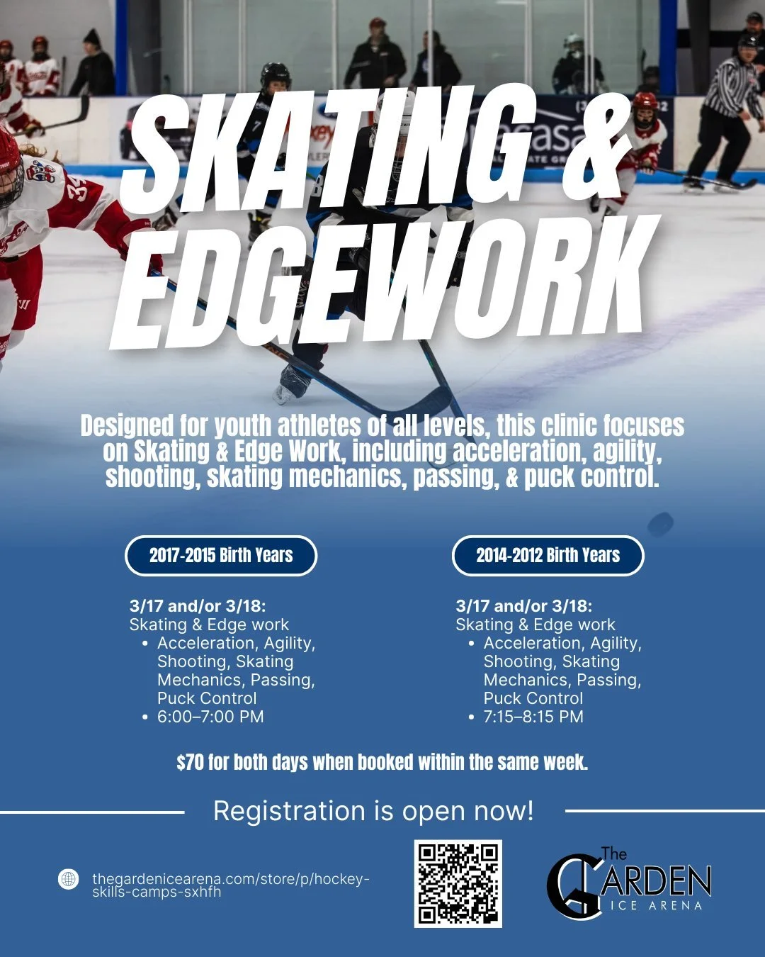 Don't miss our spring hockey clinics here at the Garden Ice Arena! Designed for youth athletes of all levels, this clinic focuses on Skating &amp; Edge Work, including acceleration, agility, shooting, skating mechanics, passing, &amp; puck control in