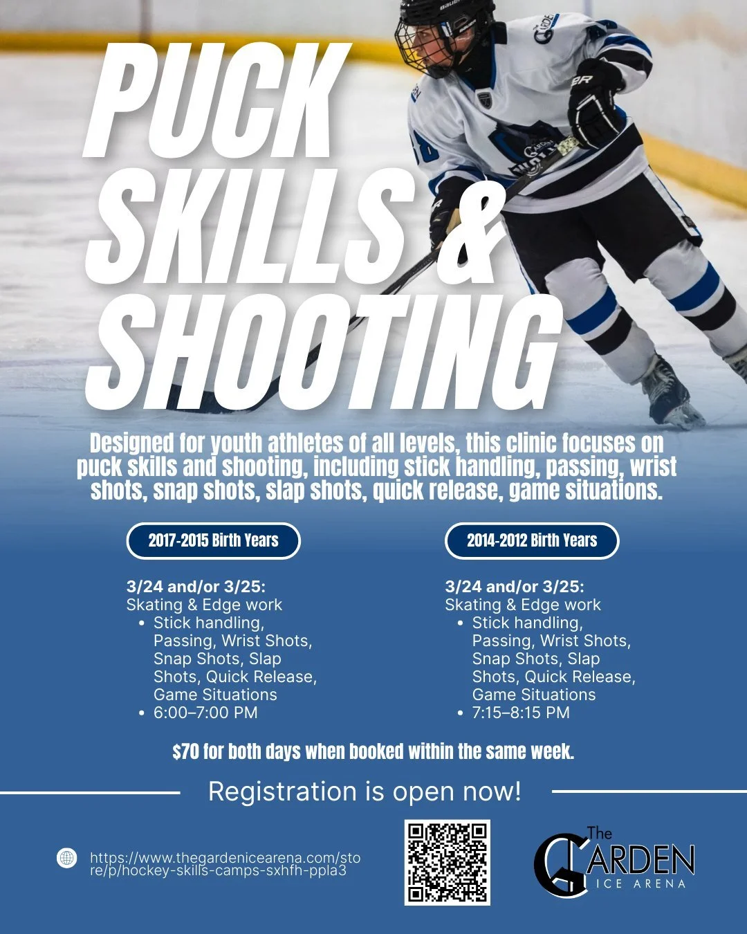 Spring hockey is here! Sign up today for the puck skills and shooting clinics coming on March 24th and 25th! Designed for youth athletes of all levels, this clinic focuses on puck skills and shooting, including stick handling, passing, wrist shots, s