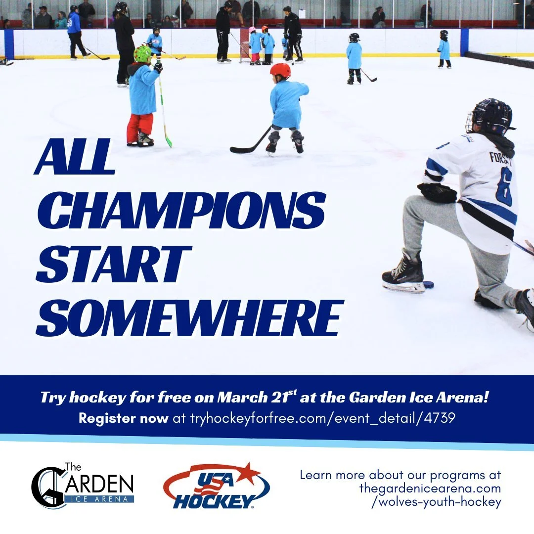 There's still a few spots available for our Try Hockey For Free event on March 21st! This Try Hockey for Free event is designed to provide kids ages 4 to 9 the opportunity to try hockey in a FUN, safe environment with trained coaching staff. 
No expe