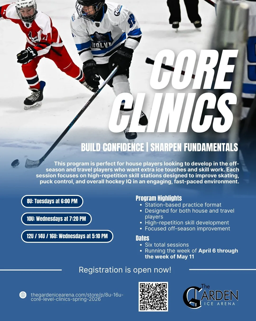 The spring core clinics are starting soon! Build confidence and sharpen fundamentals with our structured, station-based practices. This program is perfect for house players looking to develop in the off-season and travel players who want extra ice to