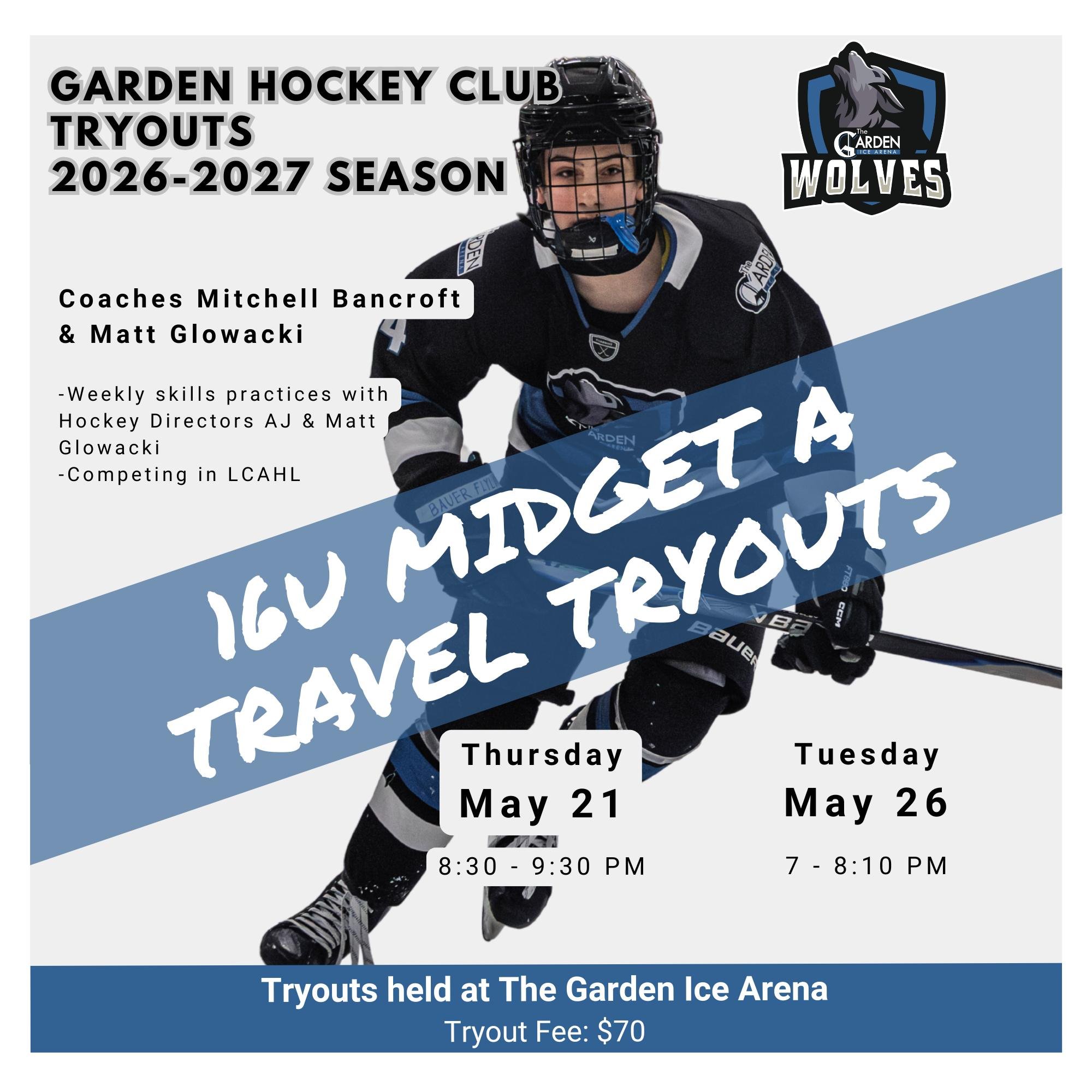 Tryouts begin next Thursday for our 16U Midget A travel team! This is a full season 16U team for 2010-2011 birth years playing in the LCAHL. Led by coaches Mitchell Bancroft and Matt Glowacki, this team practices three times a week with a focus on de