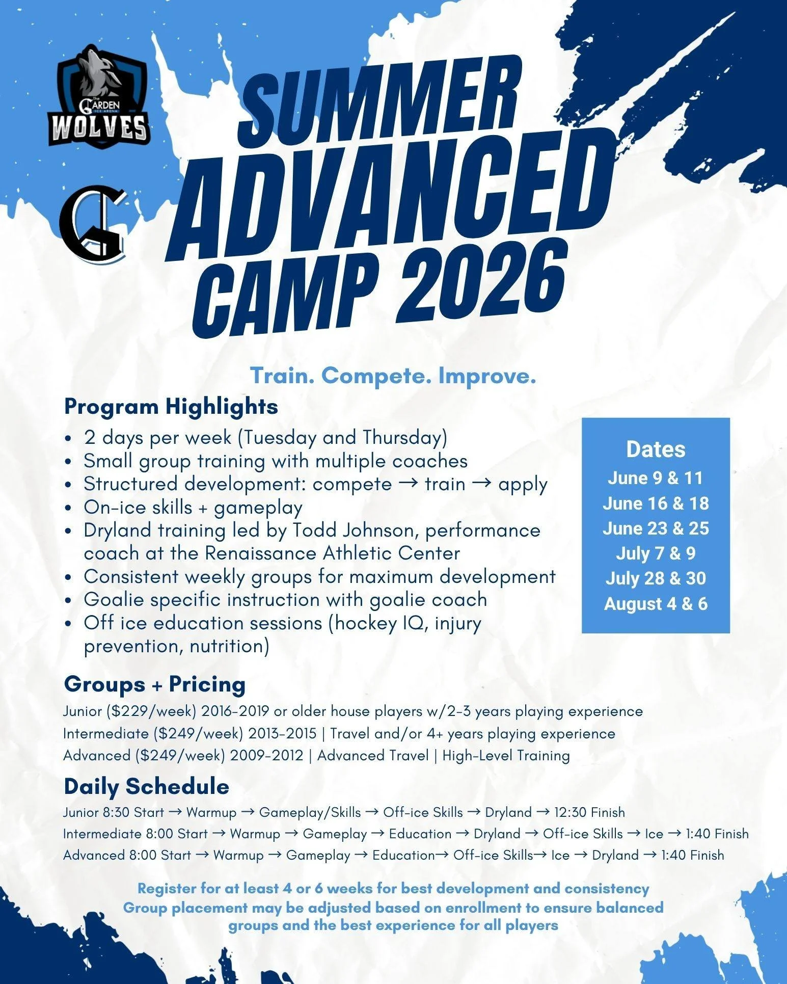 Sharpen your skills this summer with Advanced Camps here at the Garden Ice Arena! Train two days a week with multiple coaches and grow not only as a player on the ice, but as an athlete overall with sessions dedicated to off-ice training and educatio