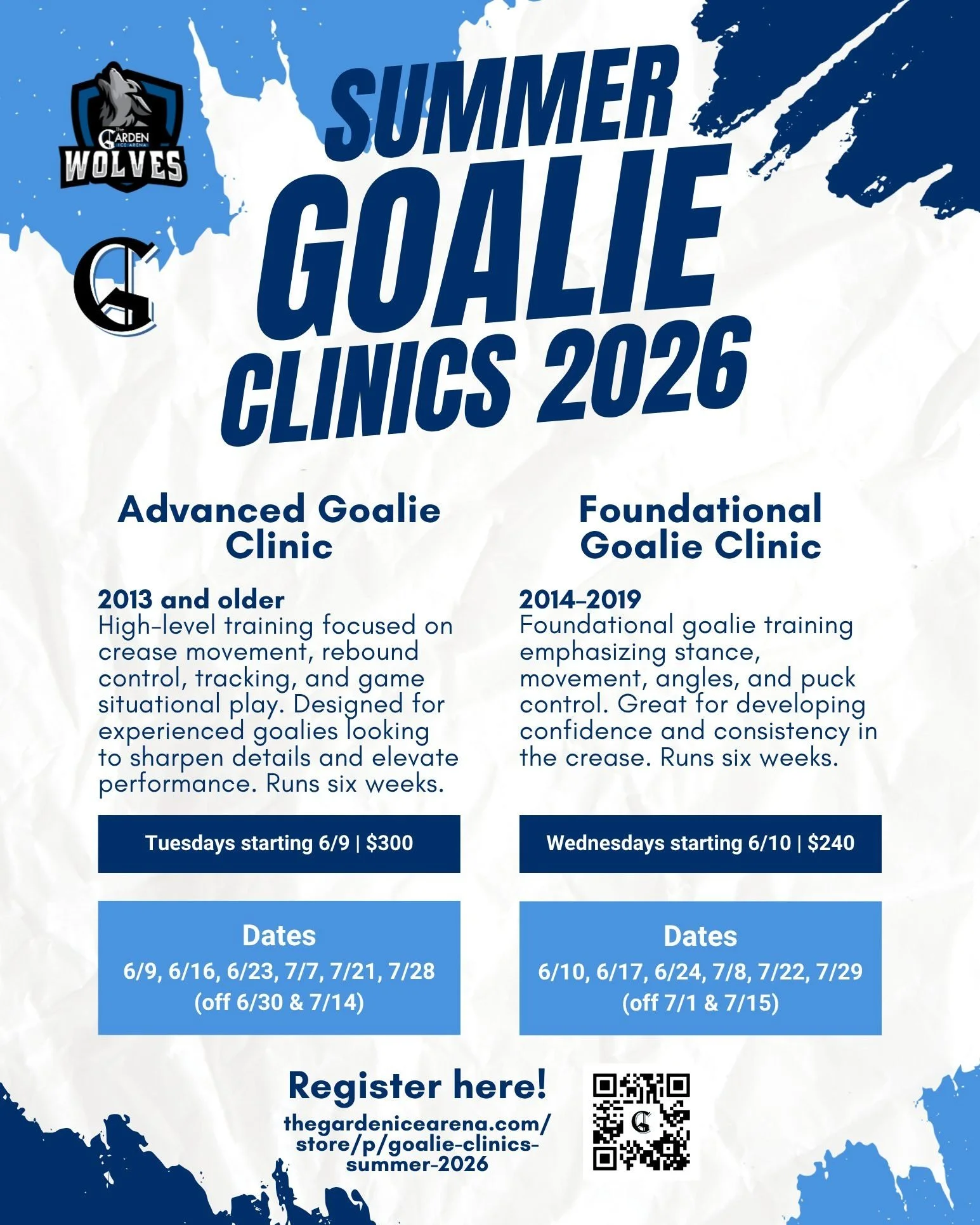 Summer goalie clinics start next week!
We're offering a foundational goalie clinic for 2014-2019's emphasizing stance, movement, angles, and puck control. 

The advanced clinic for 2013's and older will focus on crease movement, rebound control, trac