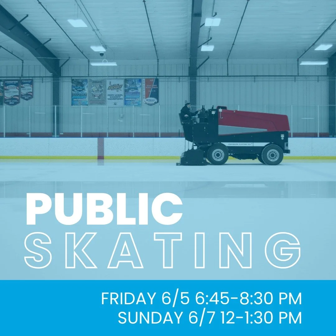 Don't miss public skating and sticks + pucks today and Sunday!

Public skating | $8 admission, $4 skate rental 
Friday 6/5 from 6:45-8 pm
Sunday 6/7 from 12-1:30 pm

Sticks + pucks | $20 admission
Friday 6/5 from 4:30-6:30 pm
Sunday 6/7 from 1:30-3:3