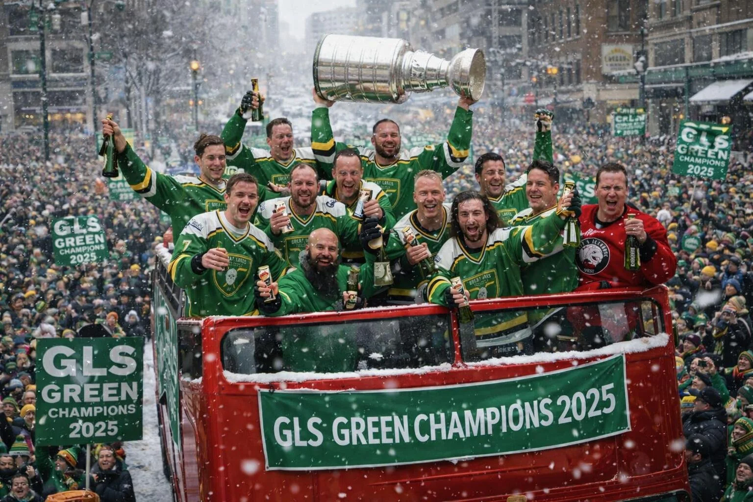 Ice hockey team celebrating their victory on a decorated float during a parade in winter snow, with signs reading "GLS Green Champions 2025" in the crowd.