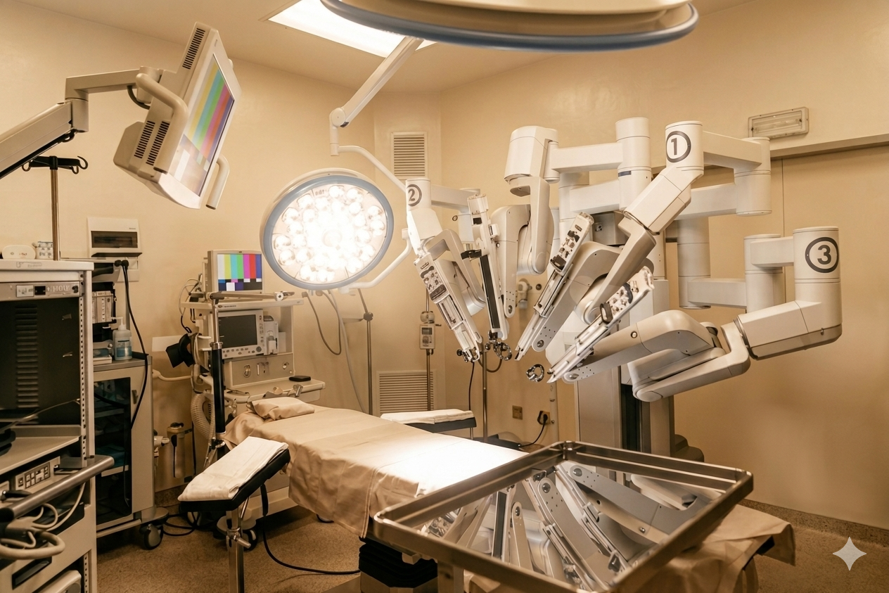 Robotic surgical arms operating on a medical table in a sterile operating room.