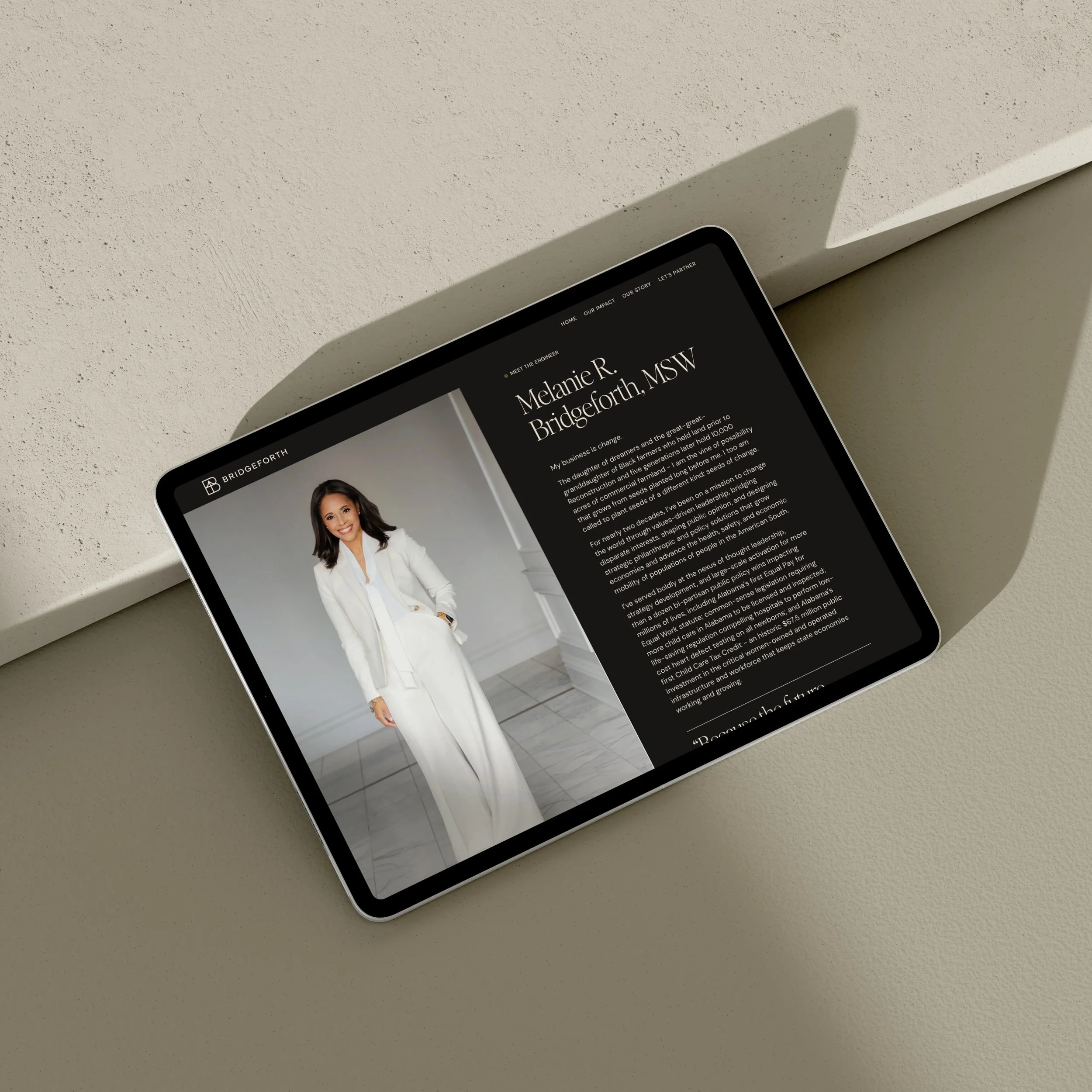 Every design decision on the Bridgeforth site started with one question: what does a referred, high-intent visitor need to see in the first 10 seconds?

The answer shaped everything. Dark, editorial aesthetic. Founder photography front and center. Po
