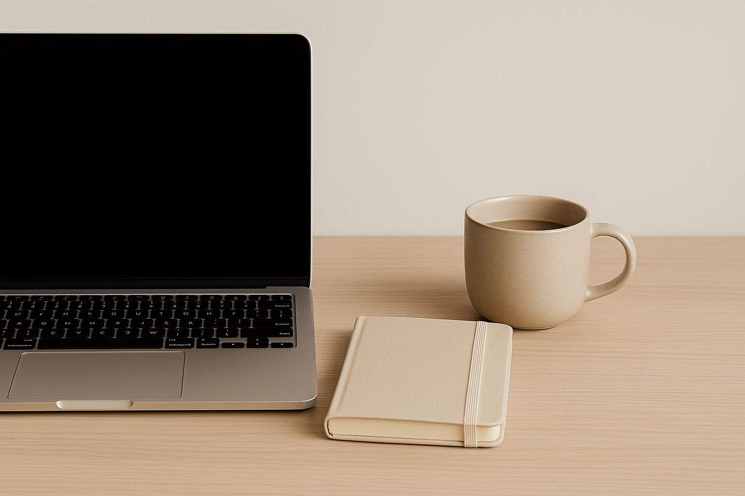 Laptop, beige notebook, and a coffee mug on a wooden desk against a plain wall.