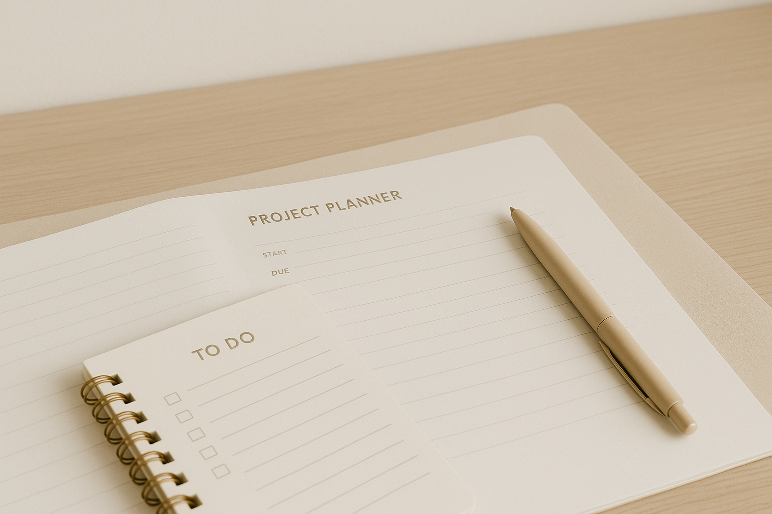 Open project planner and to-do list notepad with a beige pen on a wooden desk