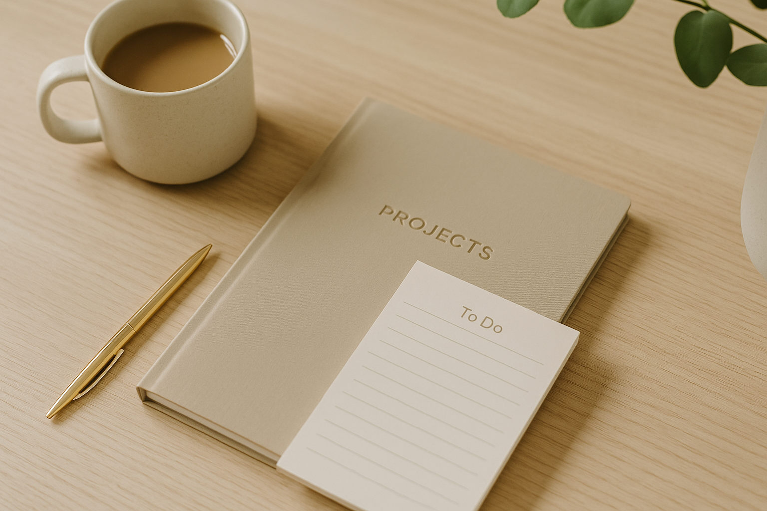 A beige notebook labeled 'Projects' with a white 'To Do' list pad on a light wooden desk, a gold pen, a mug of coffee, and a green plant in the background.