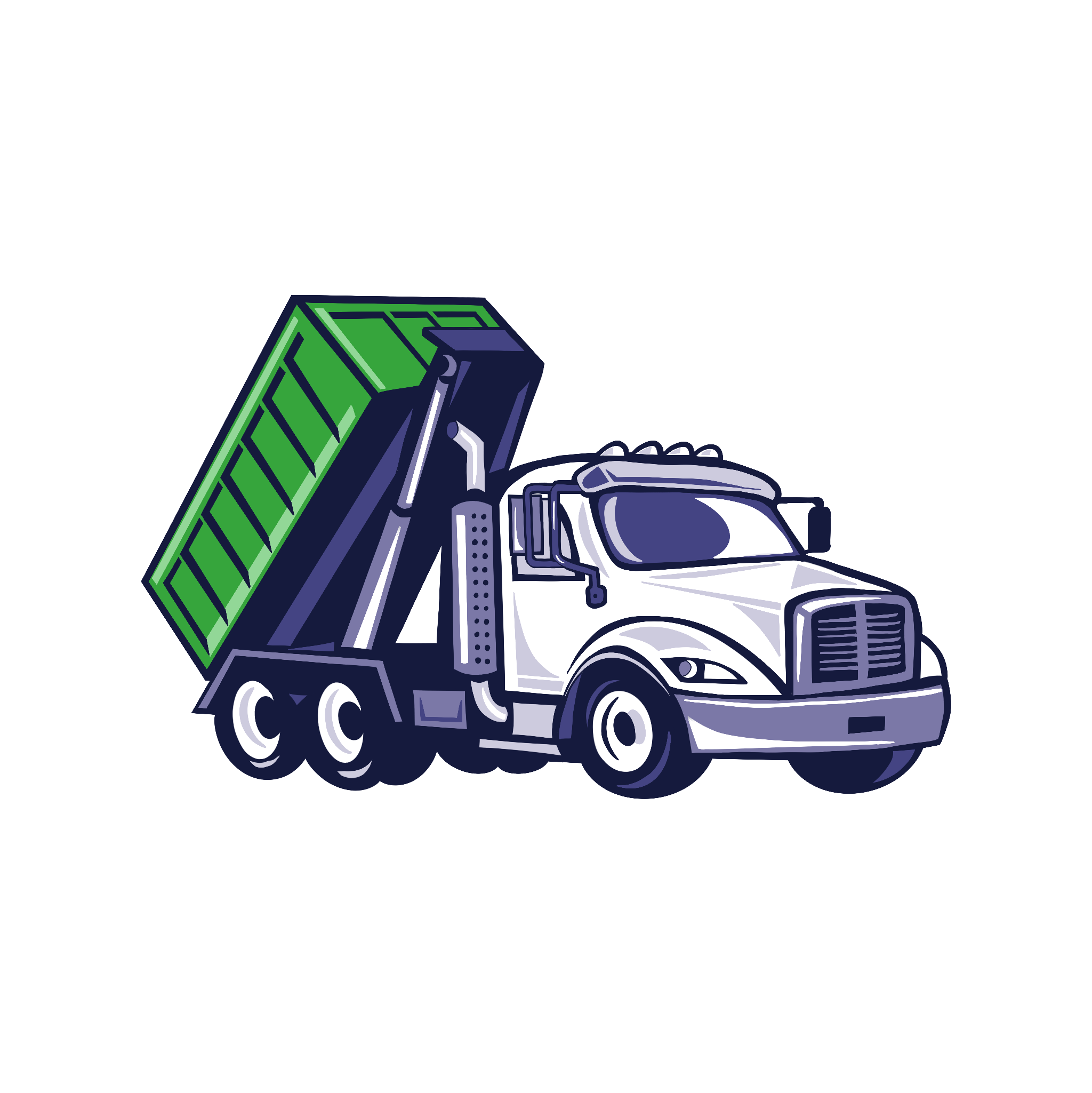A digital illustration of a semi-truck with a green dumpster on its trailer, depicted in an outlined, stylized form against a black background.