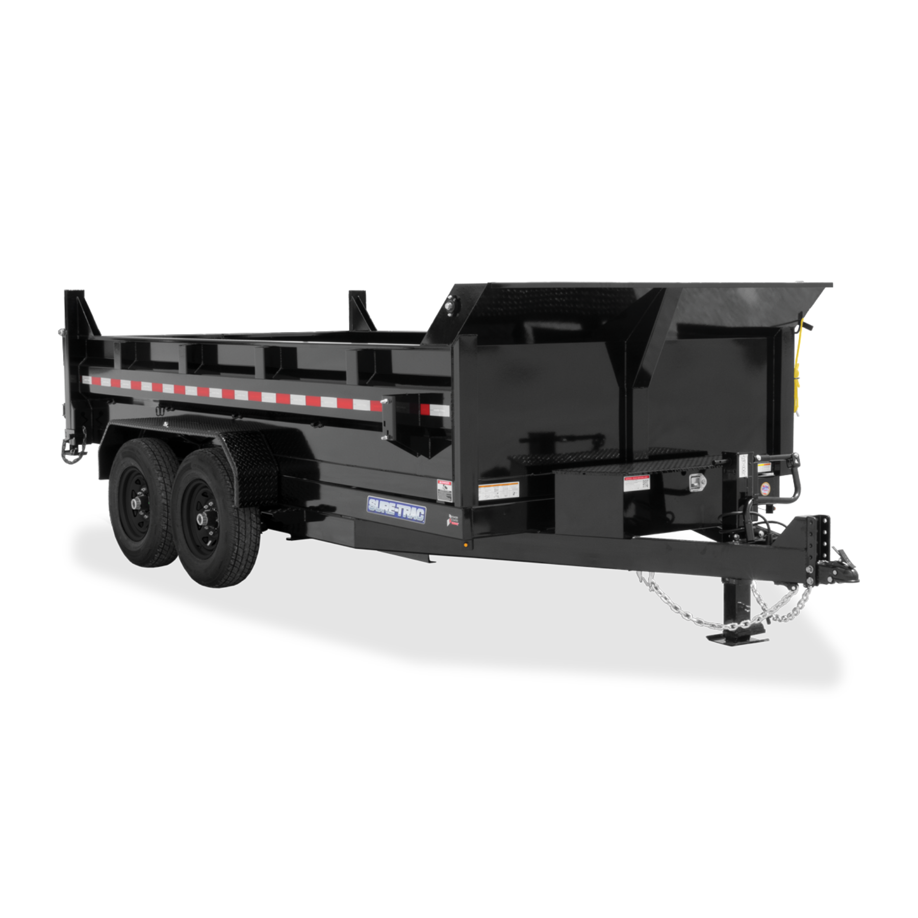 Black flatbed utility trailer for dumpster purposes.