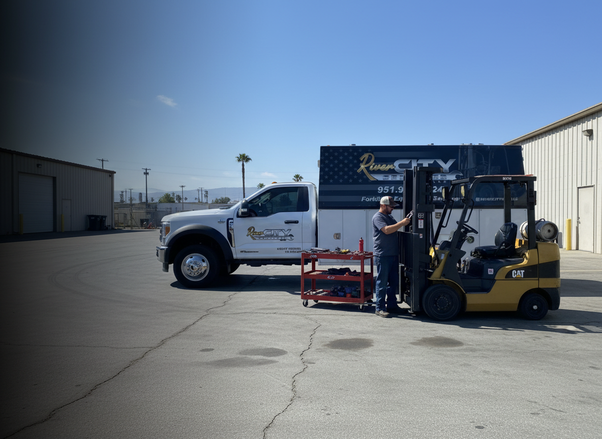River City Services technician inspecting a CAT forklift mast and hydraulic lines beside a branded service truck in an Inland Empire warehouse yard.