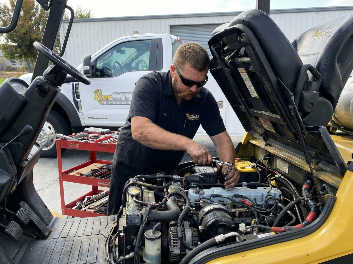 River City Forklift Technician Working Under Forklift Seat - All Black Uniform with Sunglasses and Mustache - R