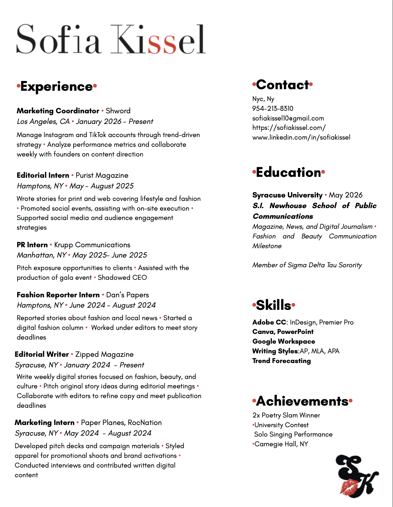 A resume of Sofia Kissel listing her experience, education, skills, contact information, and achievements.