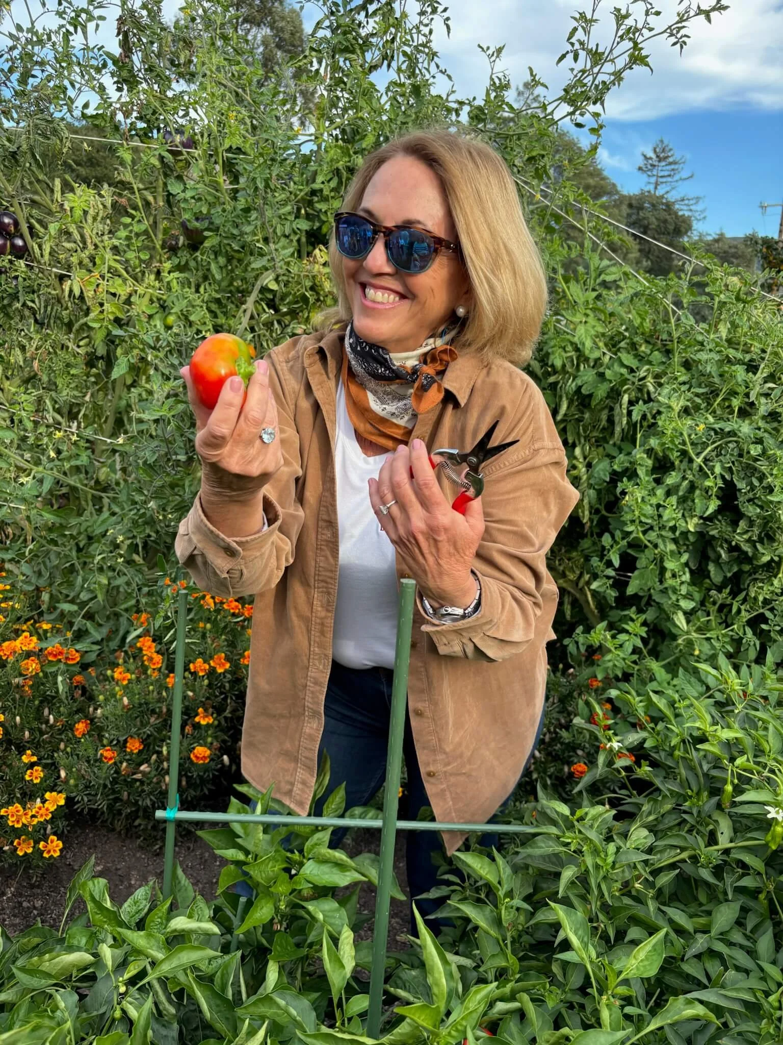 A woman with blonde hair, wearing sunglasses, a tan jacket, and a patterned scarf, is standing in a garden or farm with green plants and orange flowers. She is holding a red tomato in one hand and a pair of pruning shears in the other, smiling happil