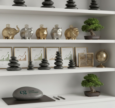 Decorative shelves with animal-themed figurines, framed graphs, stacked stones, a bonsai tree, a sphere, a rock with 'cg' written on it, and writing utensils.