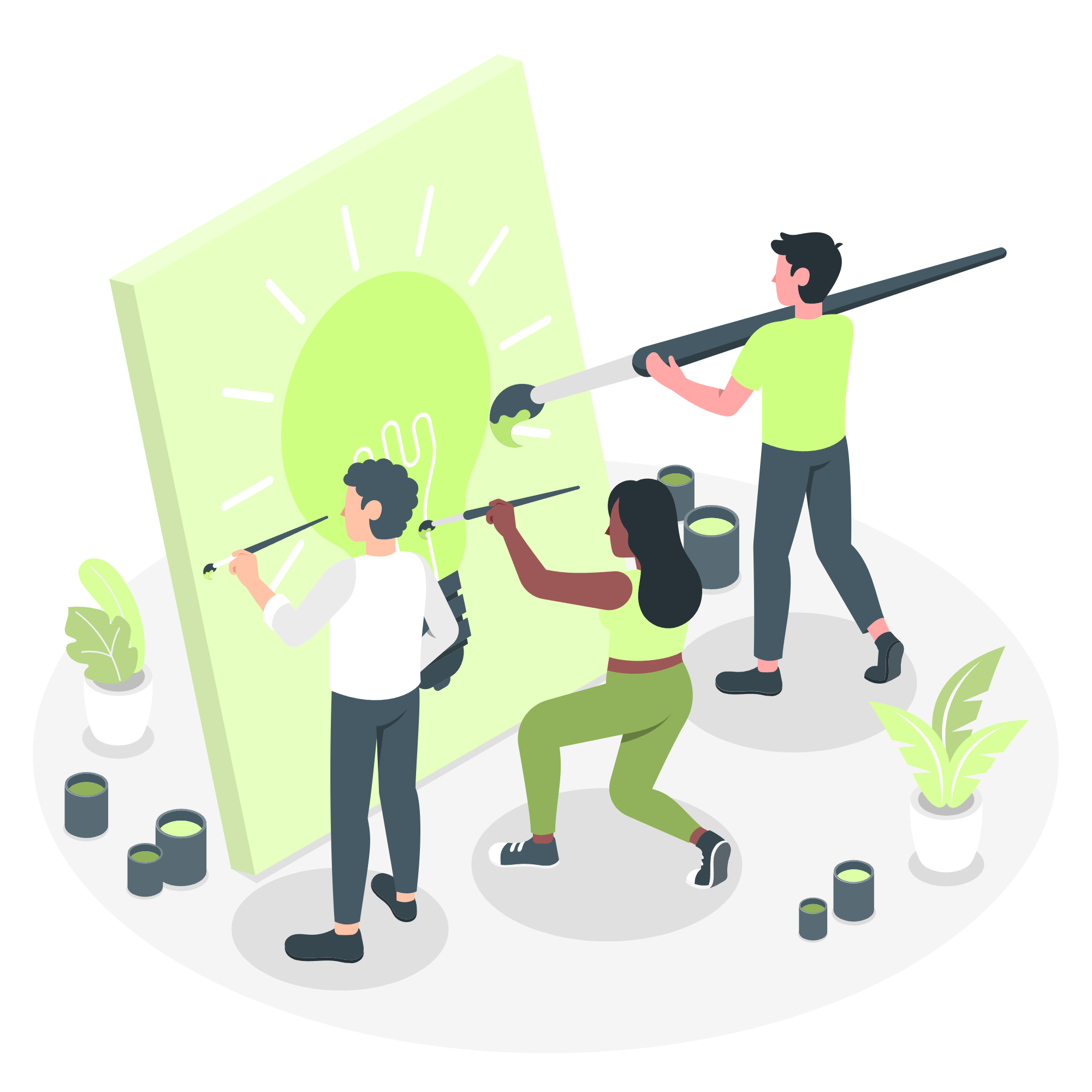 Three people painting an image of a lightbulb on a large canvas