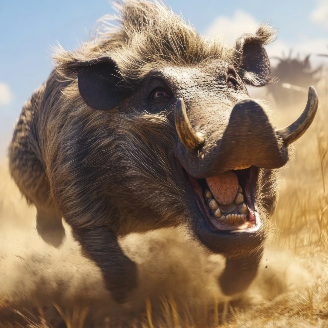 A wild boar running through a grassy field, with dust kicked up behind it, under a blue sky with some clouds.