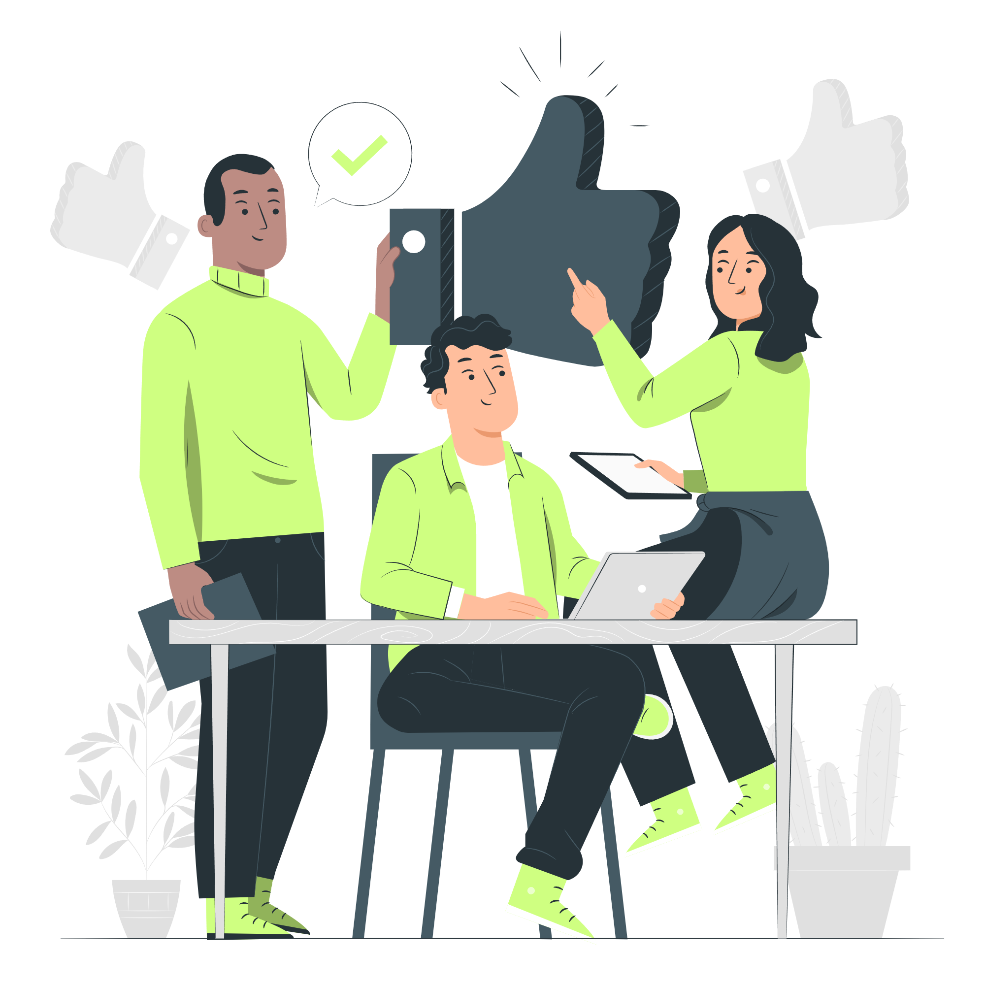 Three people sitting at a desk agreeing on a priority with thumbs-up images in the background