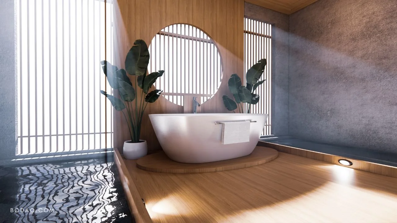 White bathtub sitting on wood panel, with concret finish on walls and plants with natural lighting