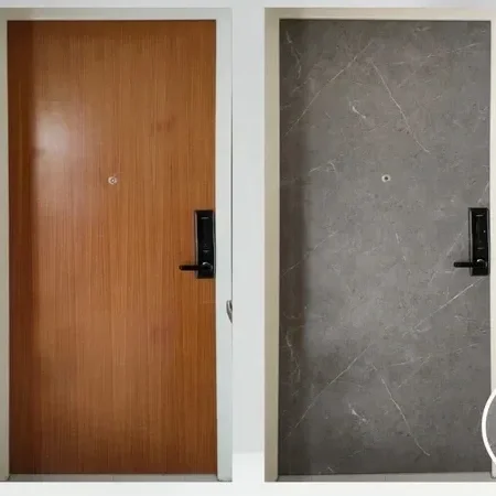 Before and after of door one with light brown wood, one with a grey marble.