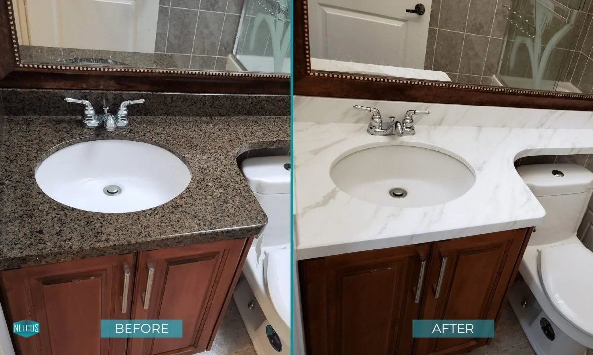 Before and after of a bathroom vanity refresh. Replacing dark granite finish with a bright, white marble finish.