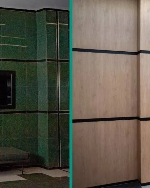 Before and after of panels from outdated green marble to new refreshed wood.