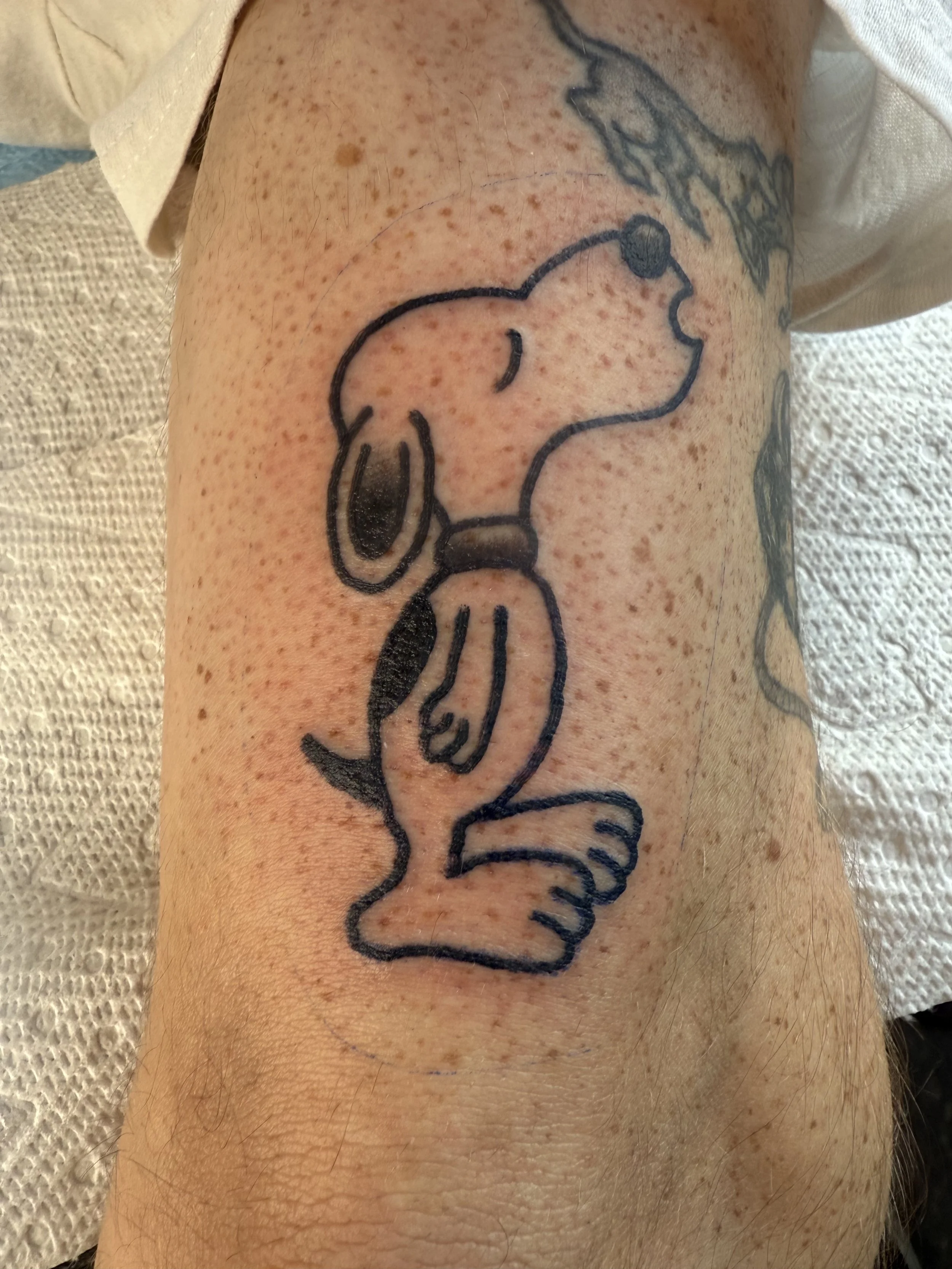 Tattoo of Snoopy, the cartoon dog character from Peanuts, on person's arm.