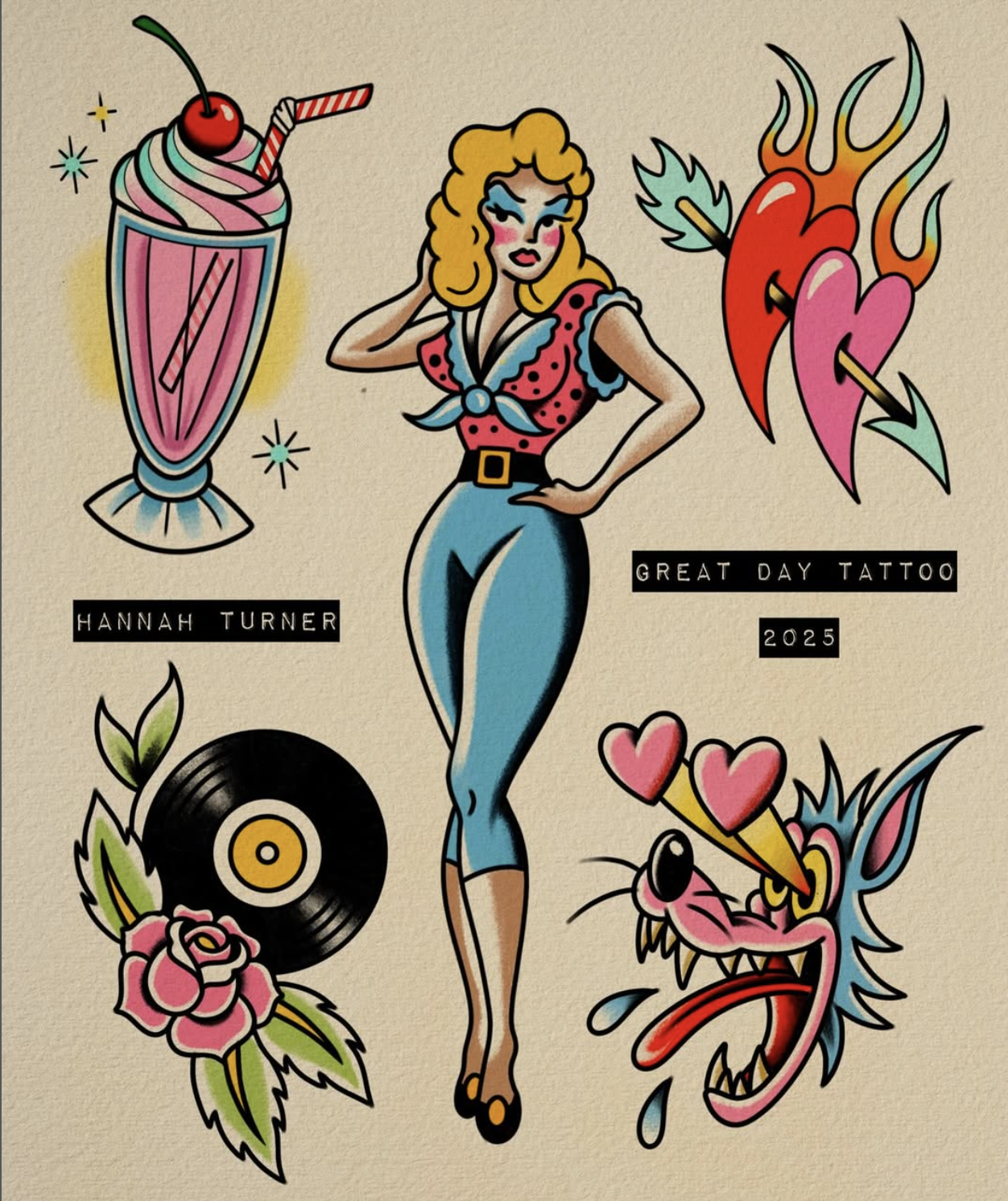 A vintage-style tattoo illustration featuring a blonde woman in a pink polka dot top and blue jeans, with various tattoo flash designs around her including a milkshake, a heart with an arrow and flames, a vinyl record with flowers, and a cartoonish d