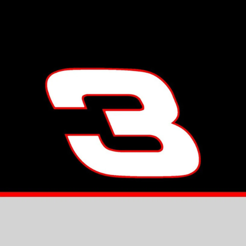 A large white number three with a red outline on a black background, with a gray and red horizontal stripe at the bottom.