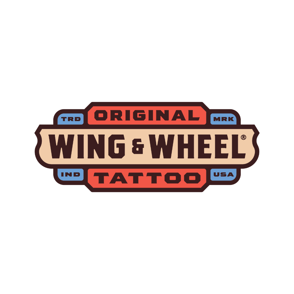 Logo with the words 'Original Wing & Wheel Tattoo' surrounded by blue, red, and beige border elements.