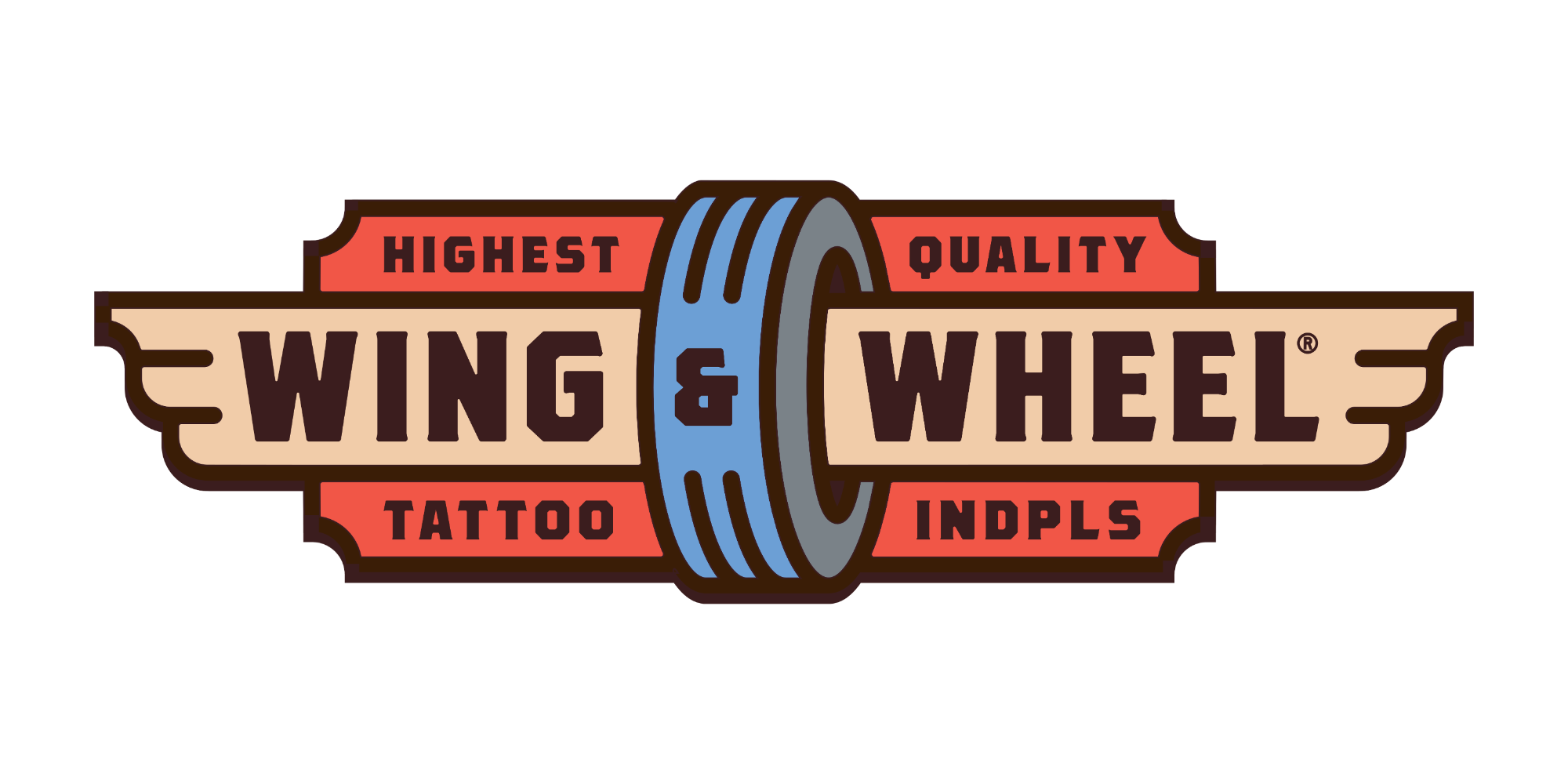 Logo of Wing & Wheel with the slogan Highest Quality Tattoo, featuring a stylized tire with wing-shaped elements and bold lettering.