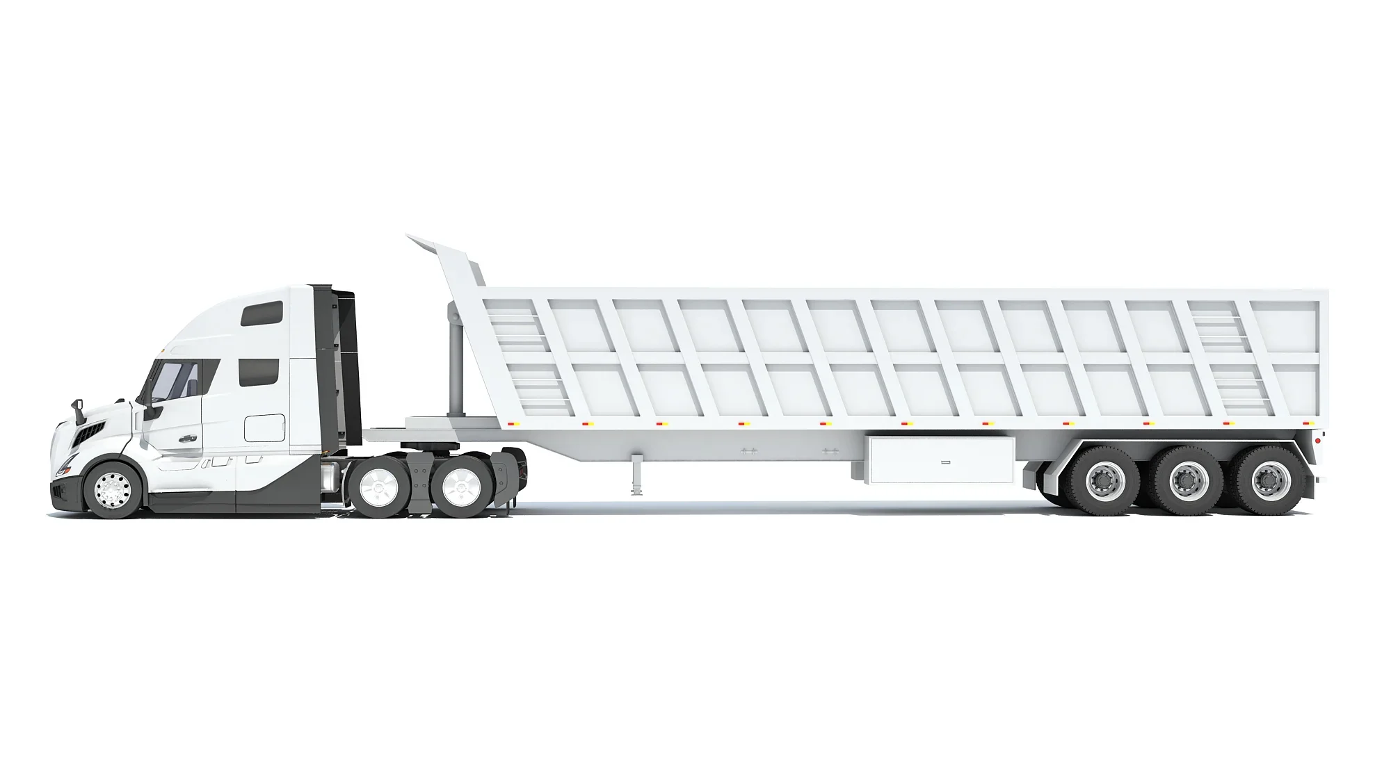 White truck with dump trailer on a plain white background.