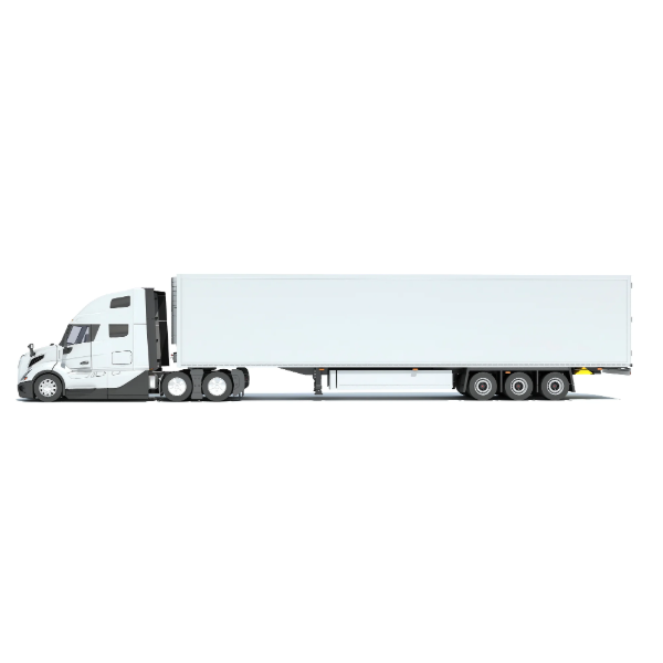 Side view of a white semi-truck with an empty trailer