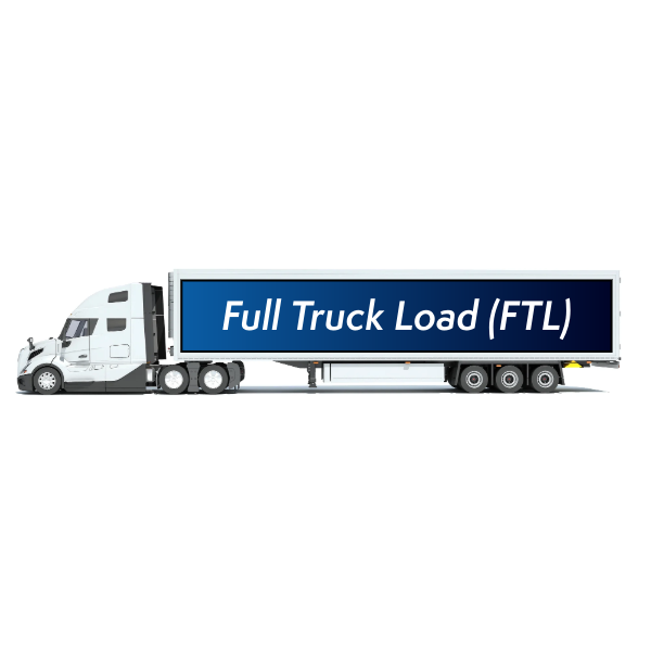 A semi-truck with a large blue trailer displaying the text 'Full Truck Load (FTL)' in white.