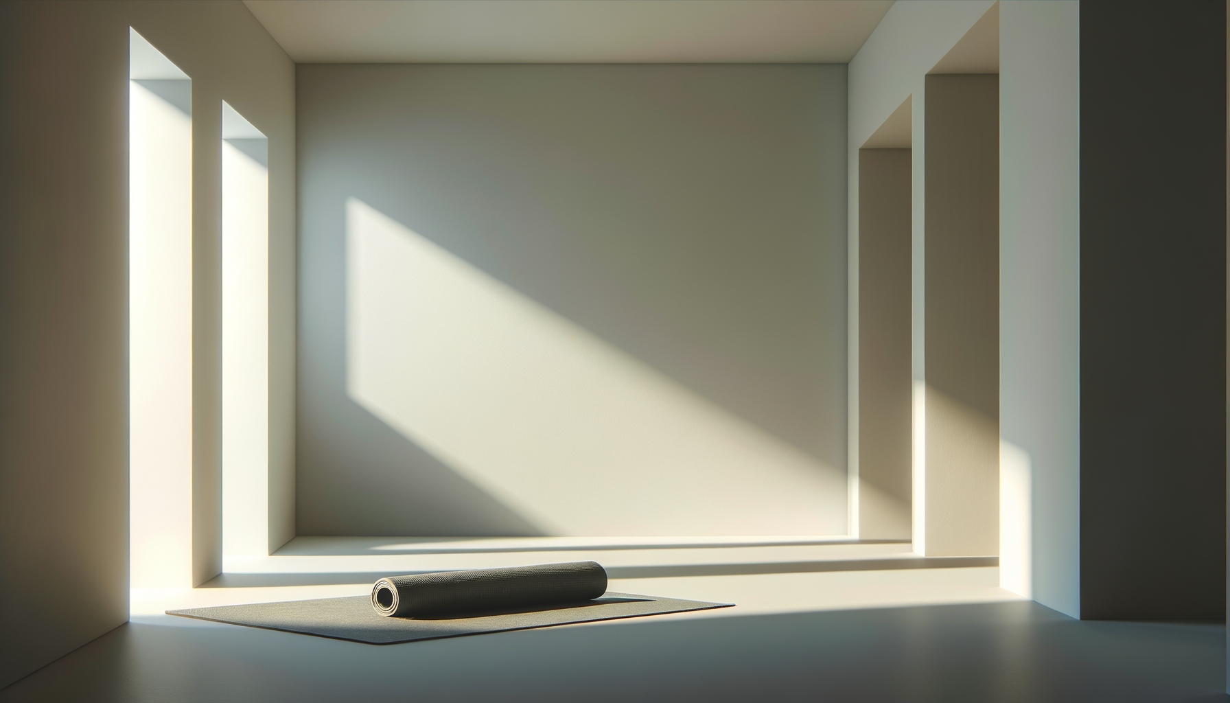 Empty room with sunlight streaming through three tall windows, casting shadows on the wall, with a rolled-up yoga mat on a mat on the floor. Pilates reformer and cadilac in the room.