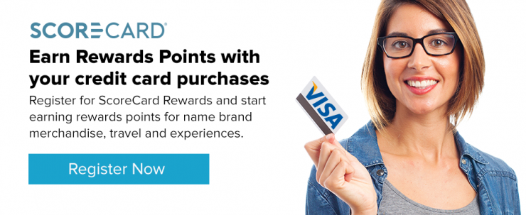 ScoreCard: Earn Rewards Points with your credit card purchases. Register for merchandise, travel and experiences. Register Now button. Smiling woman wearing glasses holds a Visa card.