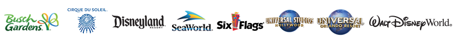 Logos of discount partners: Busch Gardens, Cirque du Soleil, Disneyland Resort, SeaWorld, Six Flags, Universal Studios Hollywood, Universal Orlando Resort, and Walt Disney World.