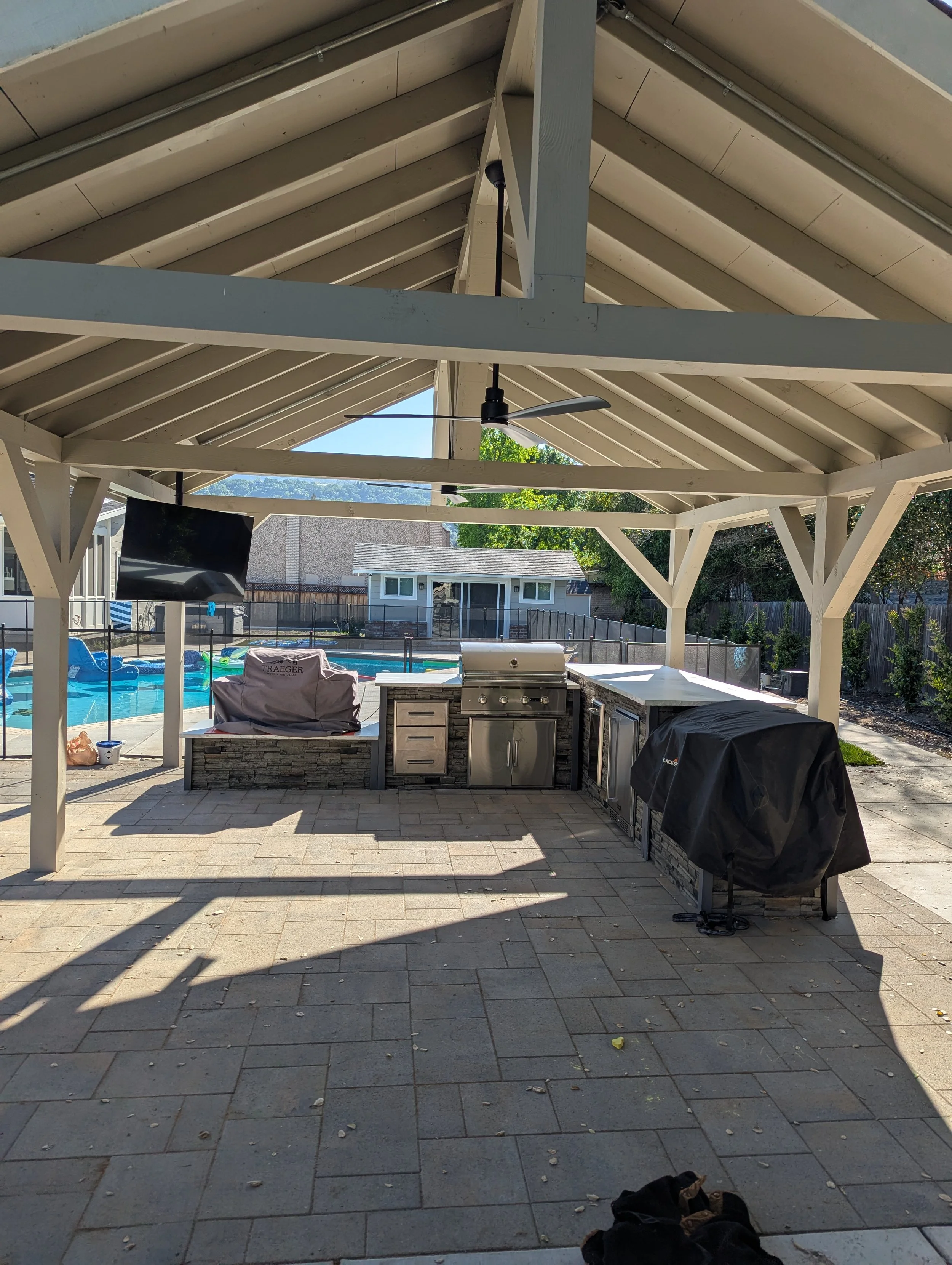 Backyard pavilion and outdoor kitchen construction by Solves All Engineering, East Bay CA