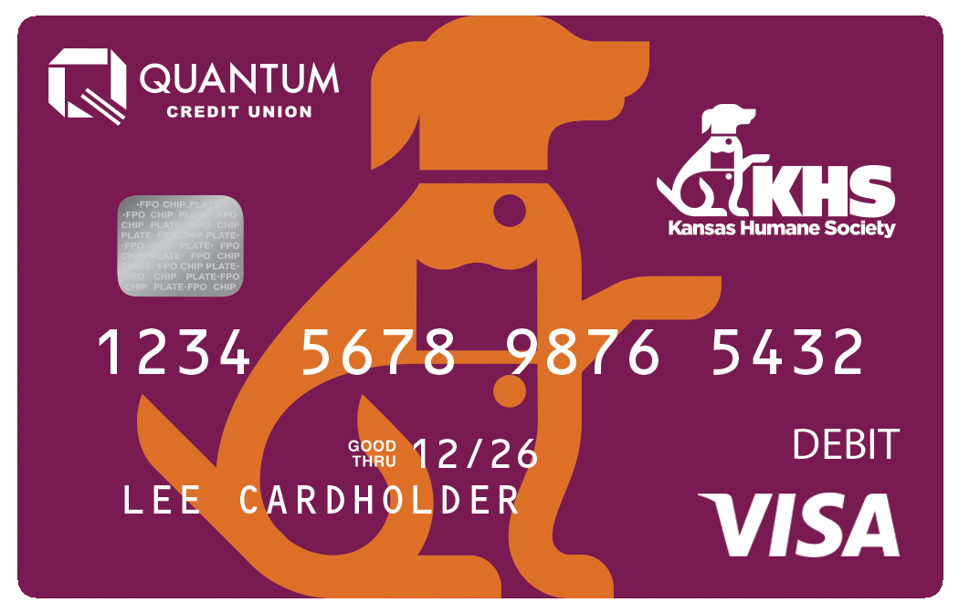 Quantum Credit Union Visa Debit Card for Lee Cardholder. Features the Kansas Humane Society (KHS) logo and a large orange dog silhouette on a solid maroon background.