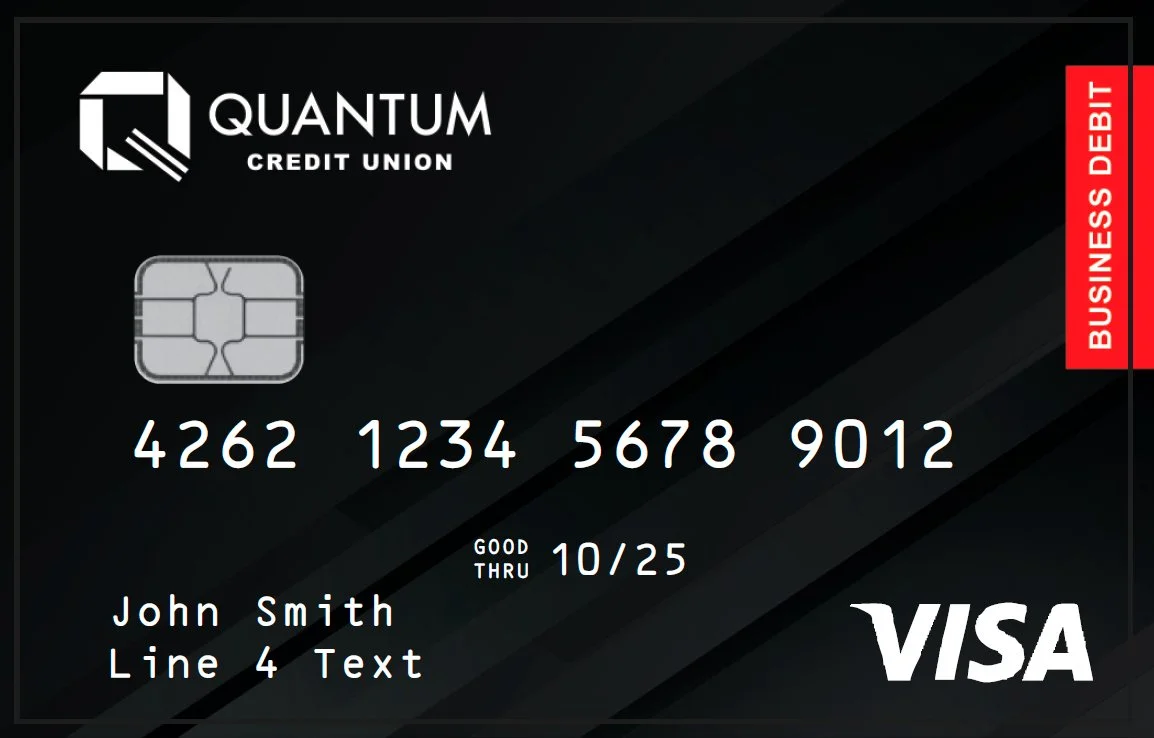 Black Quantum Credit Union Business Debit Visa Card with dark diagonal stripes. Includes a prominent red vertical bar on the right edge labeled "BUSINESS DEBIT"