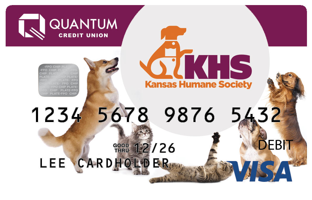 Quantum Credit Union Visa Debit Card for Lee Cardholder. Features the Kansas Humane Society (KHS) logo and photos of playful dogs and cats on a white and maroon background.